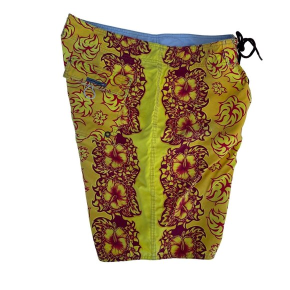 Quiksilver Sz 38 Hawaiian Swim Board Shorts Hibiscus Floral Yellow Orange - Picture 8 of 16